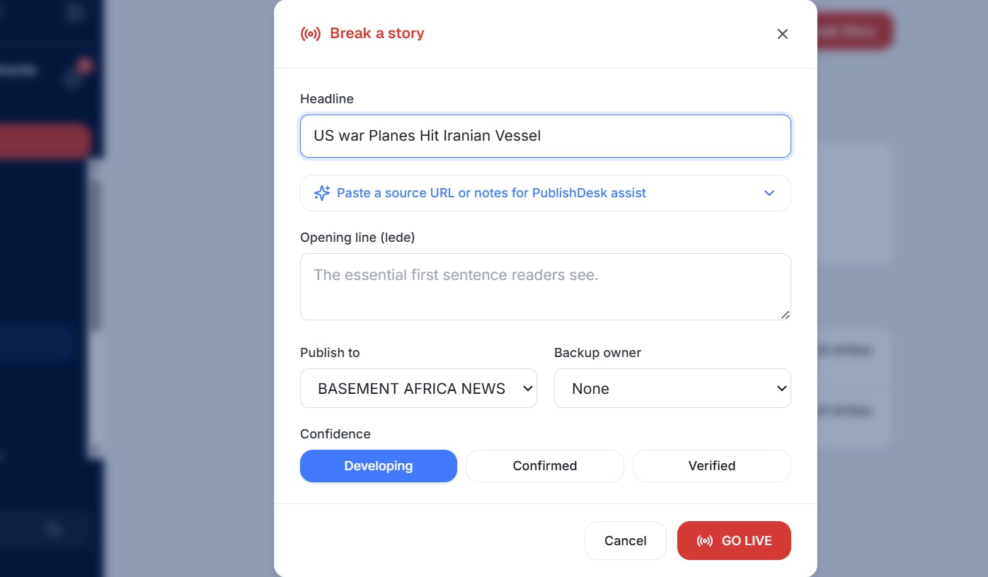 The Break a Story dialog: headline, source, confidence — GO LIVE
