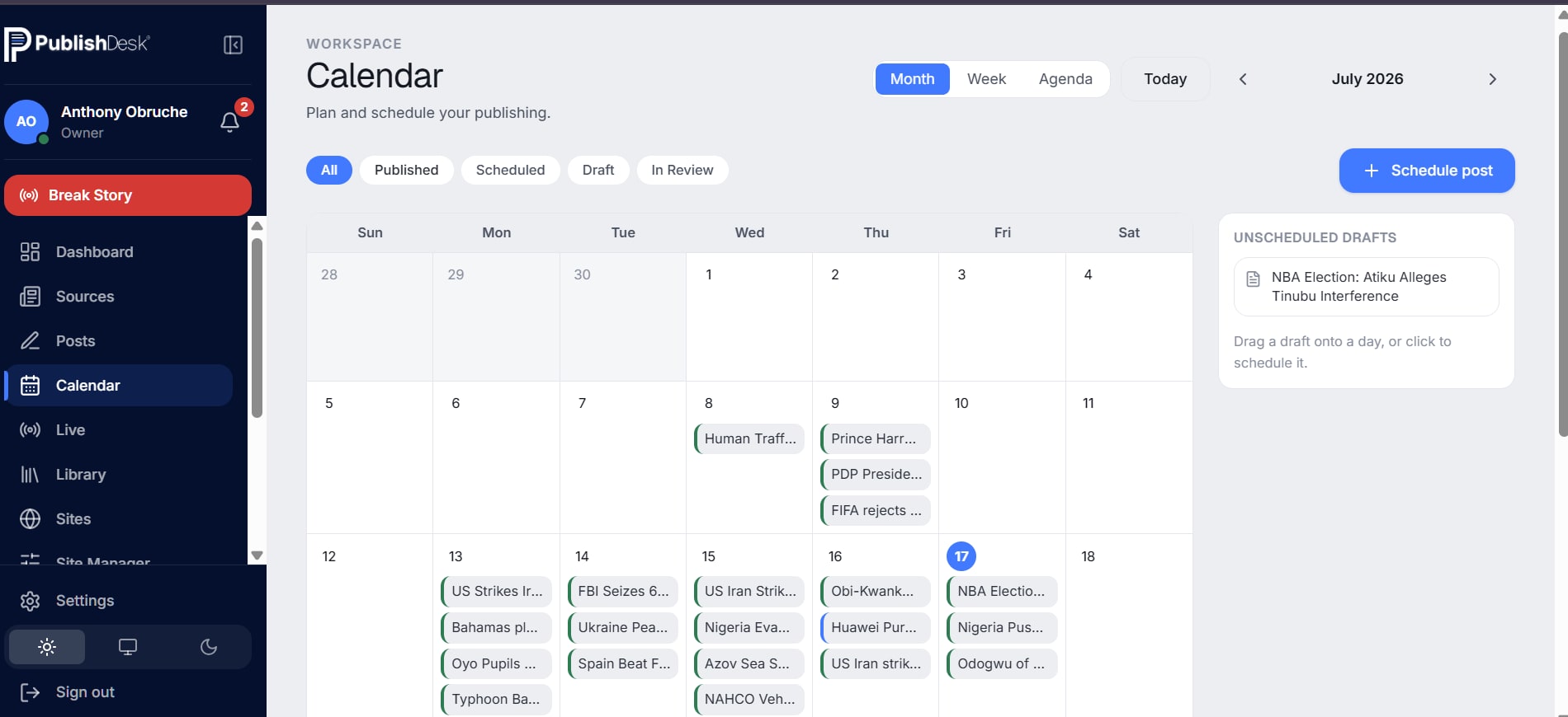 The publishing calendar with scheduled and published posts